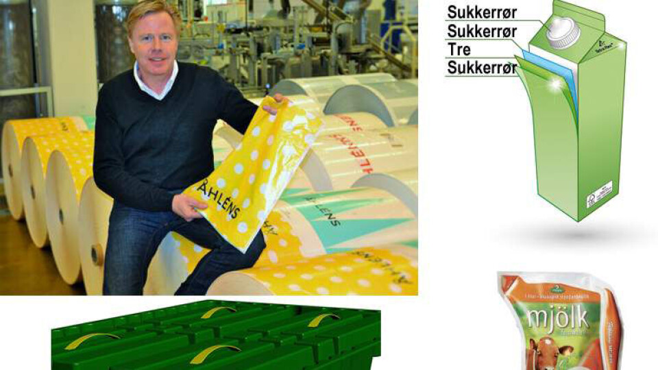 Noen av trendproduktene på Scanpack: Pär Wik hos Trioplast med bæreposer laget delvis av østersskall, Tetra Paks drikkekartong av sukkerrør og tre, EQpacks lette komposittpall og Ecoleans melkeemballasje basert blant annet på kritt.