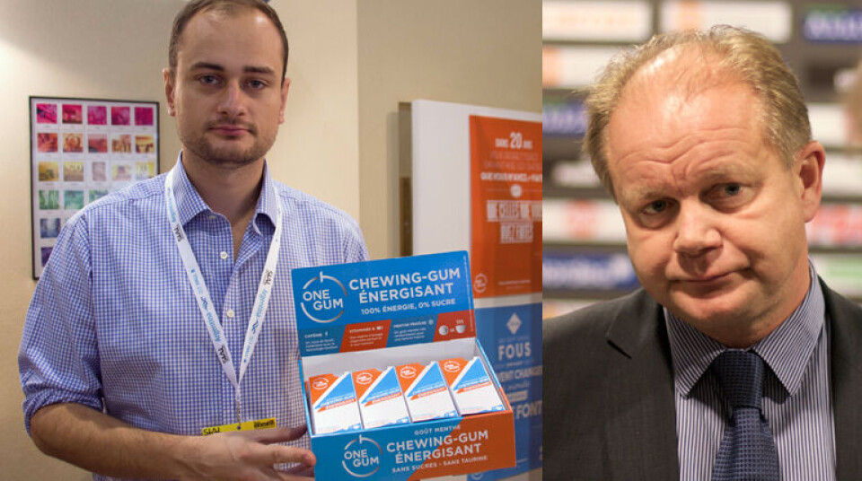 BYGGEGUMMI: Ludovic Rachou har utviklet koffeinholdig tyggegummi for å bygge opp energinivået, og selger gjerne til Per-Mathias Høgmo. (Foto: Georg Mathisen/Kjetil Ree)