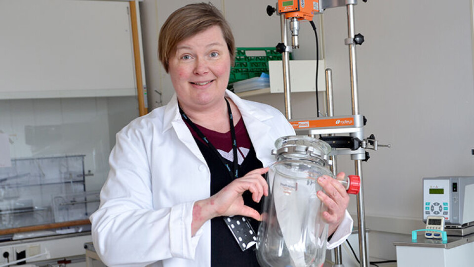 I LABEN: Restråstoffet blander de med vann og enzym, og får ut vannfraksjon med peptider, olje og sediment, forklarer prosjektleder i Nofima, Diana Lindberg. (Foto: Synnøve Prytz Berset)