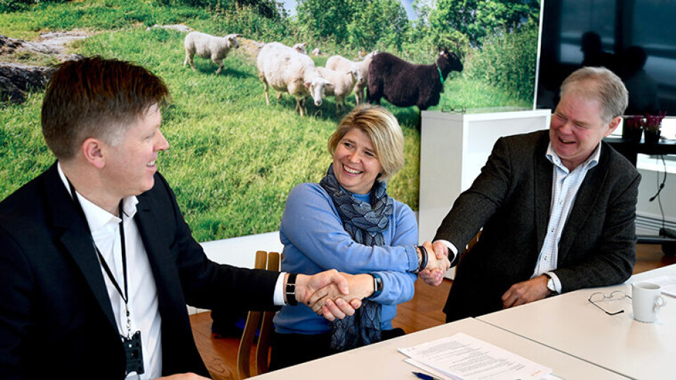 REVIDERT AVTALE: Fra venstre: Rolf Gjermund Fjeldheim i Nortura, Nina Sundqvist i Matmerk og Bjørn-Ole Juul-Hansen i KLF. (Foto: Matmerk)