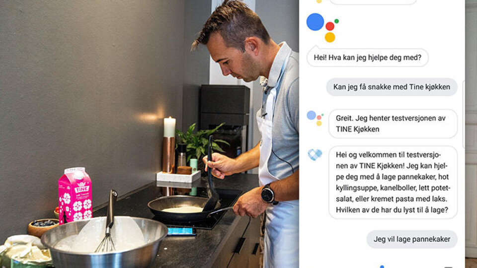 STEMMESTYRT: Pannekaker, kanelboller og potetsalat blant de første oppskriftene i den nye tjenesten som finnes tilgjengelig gjennom Google Assistant. (Foto: Tine)