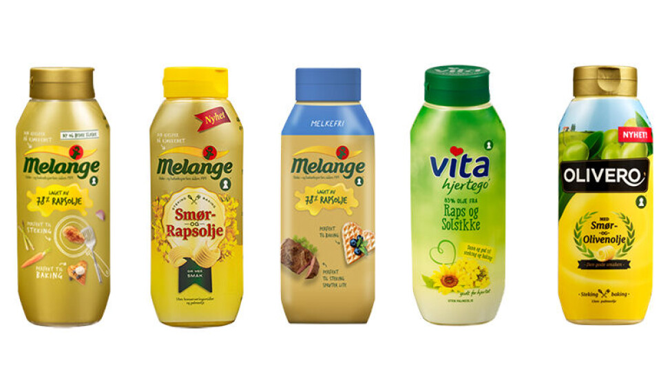 NY FOLIERING: Alle margarinflaskene til Mills er nå endret slik at de sorteres riktig i sorteringsanleggene. (Foto: Mills)