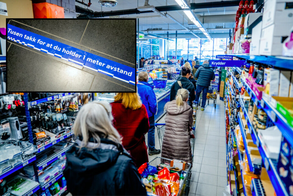 Dagligvarebransjen har lagt til rette for gode smitteverntiltak, slik at det er trygt å handle påskematen. Et av tiltakene er å holde én meter avstand. Foto: Stian Lysberg Solum, NTB scanpix og Gorm Kallestad, NTB scanpix