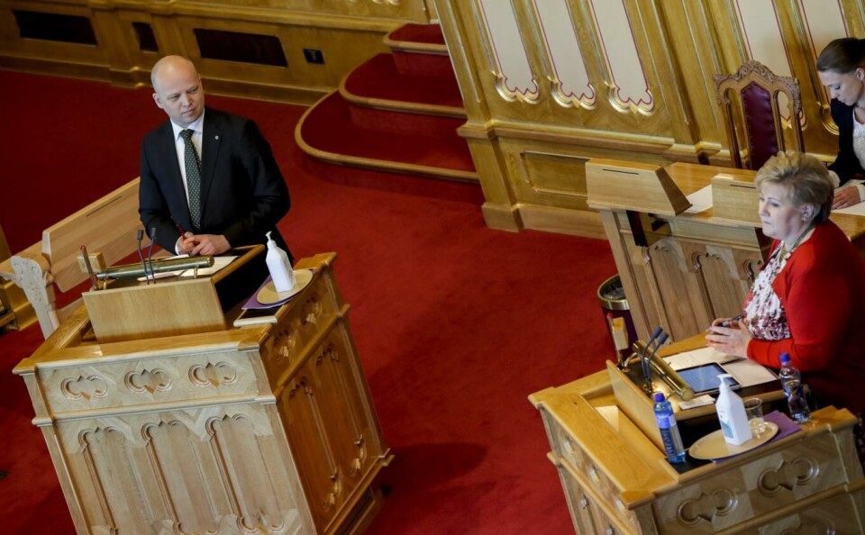 Sp-leder Trygve Slagsvold Vedum utfordret statsminister Erna Solberg i den muntlige spørretimen på Stortinget onsdag. Foto: Vidar Ruud, NTB scanpix