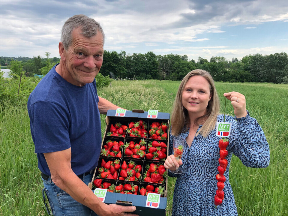 Foto Vinner av navnekonkurransen Elin Børter-Eriksson og sortsutvikler hos Graminor og jurymedlem Bjarne Kjøs døpte det nye jordbæret Lykke. Foto: Matmerk