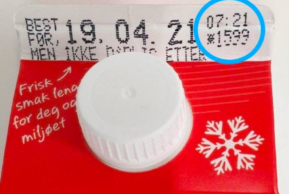 Q-meieriene tilbakekaller et lite parti Q Helmelk 1 liter merket med dato 19.04.21 meierinummer 1599 og tidsintervall: 07:21-08:08. Foto: Q-Meieriene, NTB