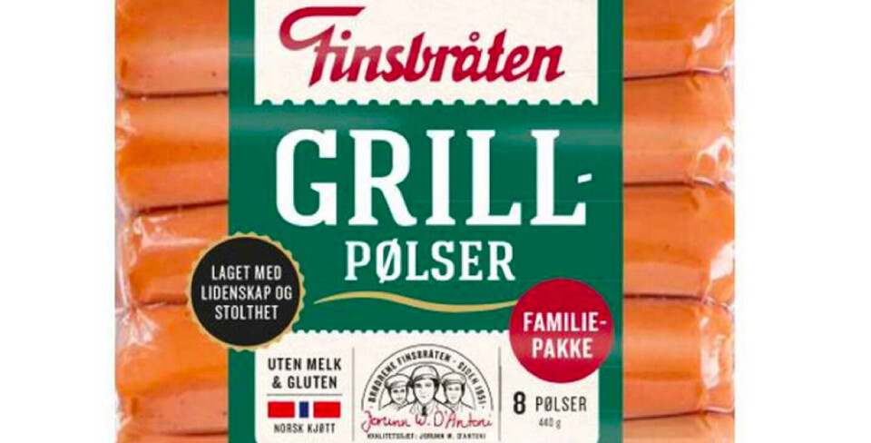 Finsbråten trekker tilbake produktet grillpølse 3 pk. med siste forbruksdag 24.05. 2021. Årsaken er udeklarert melk. Foto: Finsbråten, NTB