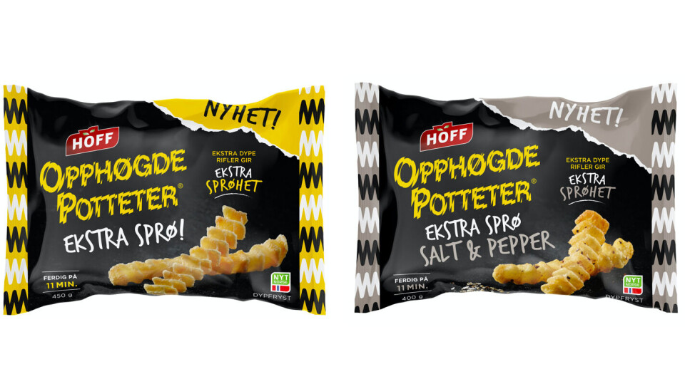 Hoff tilbakekaller et begrenset parti av «Hoff Opphøgde Potteter Ekstra Sprø 450 g» og «Hoff Opphøgde Potteter Ekstra Sprø med Salt og Pepper 400 g» grunnet risiko for spor av melk i produktene. Foto: Hoff, NTB