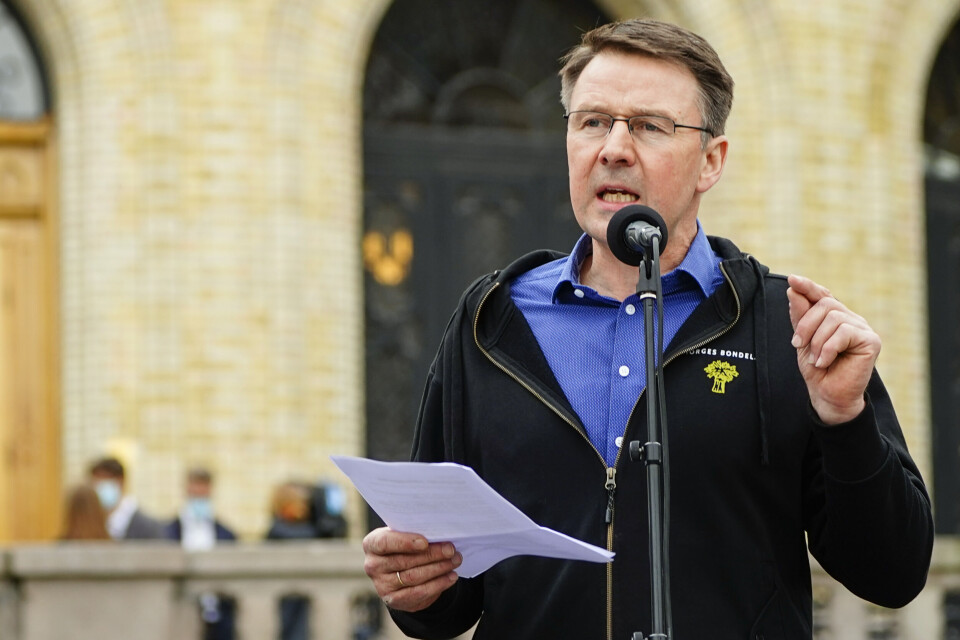 Leder i Norges Bondelag Lars Petter Bartnes holdt appell utenfor Stortinget da bondeorganisasjonene markerte mot årets jordbruksoppgjør tidligere denne måneden. Foto: Terje Pedersen, NTB