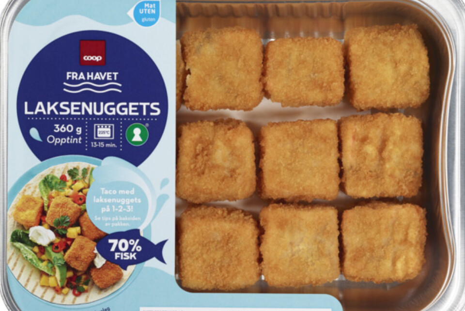 Coop trekker tilbake Coop laksenuggets 360 gram etter funn av e-coli. Varene er fjernet fra butikkene. Foto: Coop, NTB.
