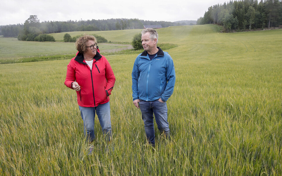 Landbruks- og matminister Olaug Bollestad er klar: Norsk matsikkerhet er god. Bildet er fra et besøk hos kornbonde Tom Skammelsrud i Rakkestad i fjor sommer.