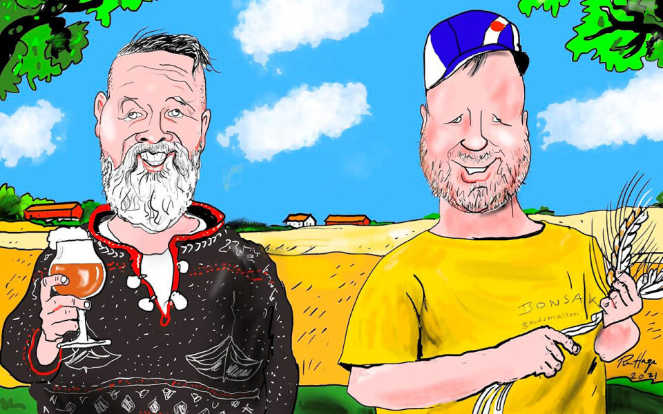 Årets ølhund 2021 er tildelt Arne Nicolai Bøhmer og Tyson Weaver. Tegning: Roar Hagen