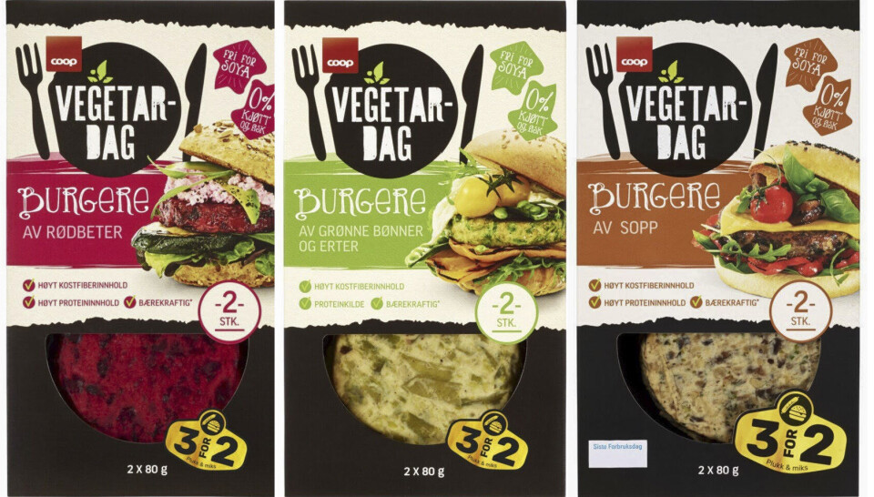 Coop kaller tilbake Coop Vegetardag Burger av grønne bønner og erter, Coop Vegetardag Burger av rødbeter og Coop Vegetardag Burger av sopp siden eggehvitepulver ikke er uthevet i ingredienslisten. Foto: Coop Norge, NTB
