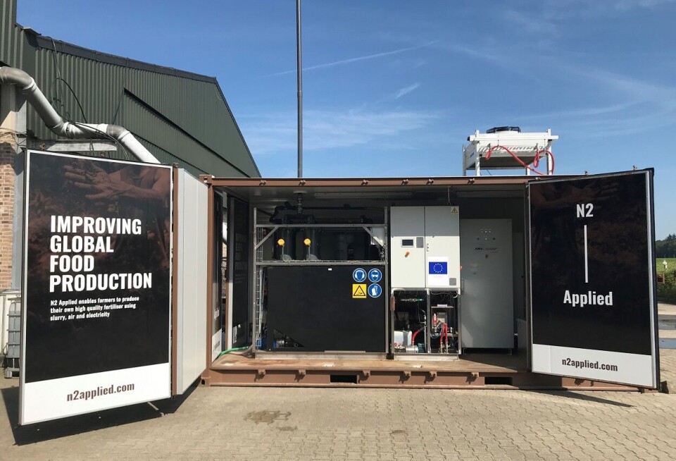 Teknologien leveres i en 20 fots kontainer for å forenkle transport og integrering i eksisterende gårdsinfrastruktur. Den tilfører nitrogen fra luften til det organiske materialet og forvandler det til utslippsfri gjødsel, skriver det norske selskapet. Foto: N2 Applied