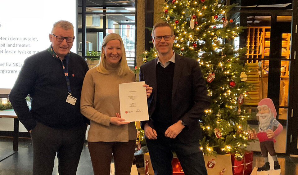 NKL og Nortura planlegger et tettere samarbeid de neste fire årene. Her er fra venstre Espen Wasenius fra NKL, Hilde Klerck-Nilssen og Atle Egil Larsen, de to siste fra Nortura.
