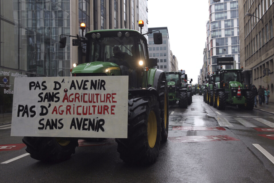 «Ingen framtid uten landbruk, intet landbruk uten framtid», står det på plakaten. Det foregår store bondedemonstrasjoner i Brussel mens europeiske landbruksministre møtes i byen. Foto: Nicolas Landemard | AP | NTB