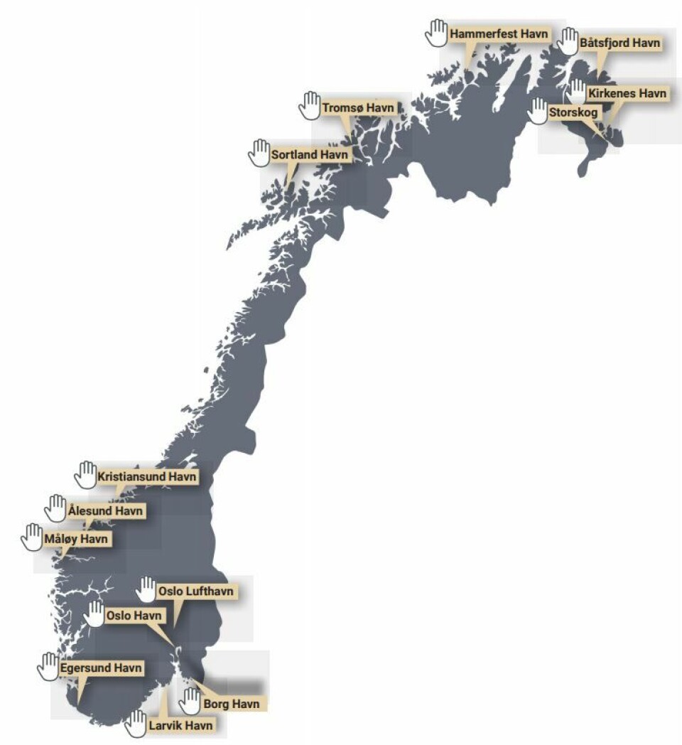 Foto Kartet viser hvor Mattilsynets 14 grensekontrollstasjoner er lokalisert. Kontrollomfang og virksomhet varierer fra sted til sted. Se mattilsynet.no for detaljer.