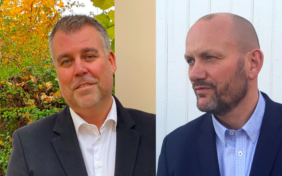 Foto Hanekamp: Fredrik strømmen (t.v.) i Den Stolte Hane og Kjell Stokbakken i Norsk Kylling AS er uenige om hvem som har best dyrevelferd i sine kyllingfjøs.