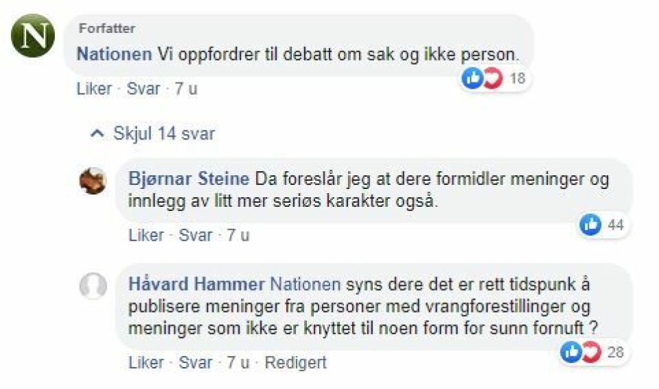 Foto Her er et utvalg av reaksjonene Unneland fikk på Nationens Facebook-side.