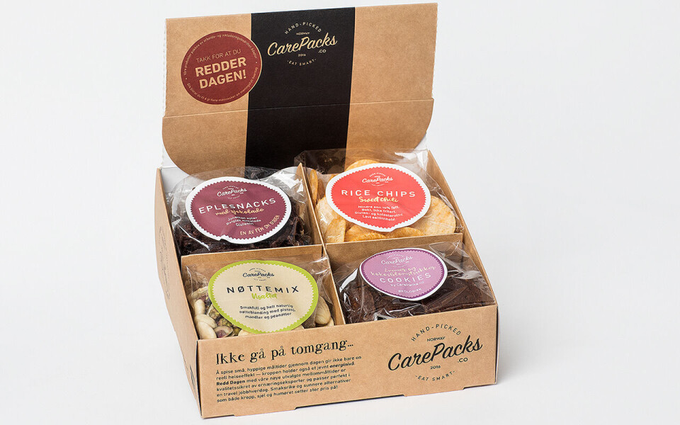 Foto Forretningsideen er abonnementssalg av mellommåltider i form av sunn snacks til bedriftsmarkedet. Her er fireboksvarianten. Foto: Carepacks AS