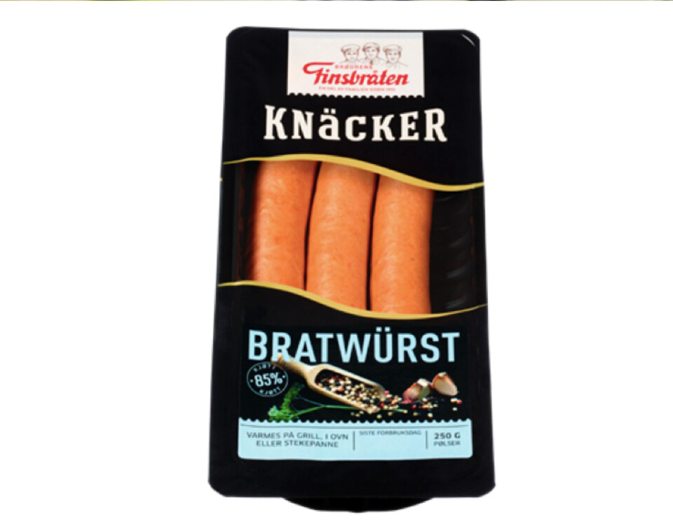 Finsbråten tilbakekaller Knäcker Bratwurst med siste forbruksdato 22.9 solgt fra Kiwi, Meny, Spar, Euro Spar og Joker. Pølsene på kan inneholde udeklarert melkeprotein. Foto: Finsbråten, NTB scanpix