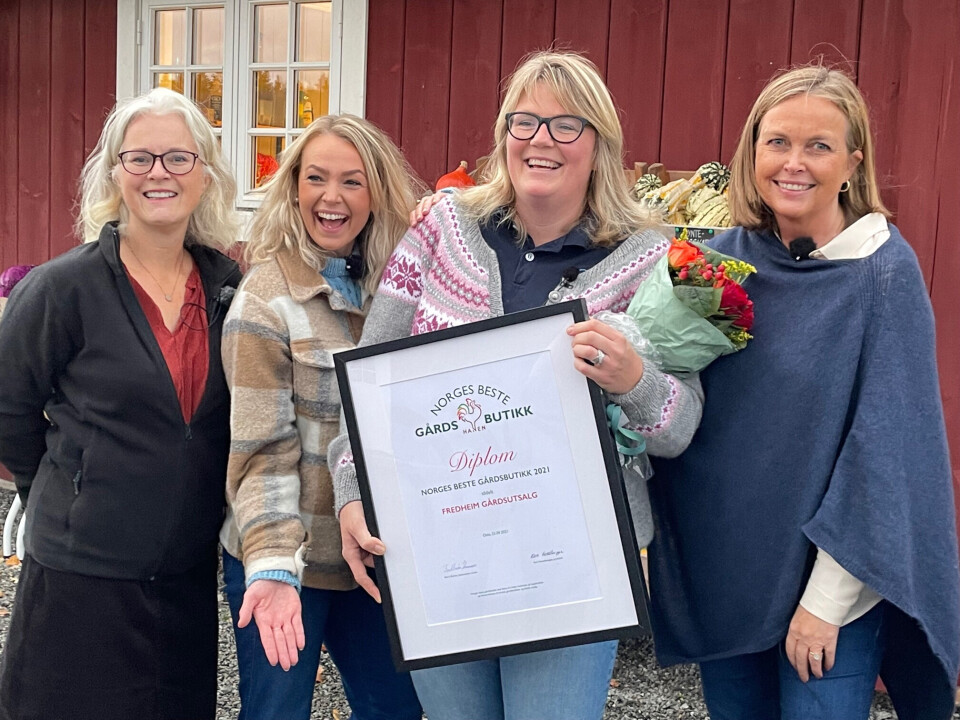 Fra venstre: Agneta Linden Moen fra Hanen, Camilla Botilsrud Sagen fra TV 2, Louise Gjør fra Fredheim gård og juryleder Kari Hasselknippe. Foto: Hanen